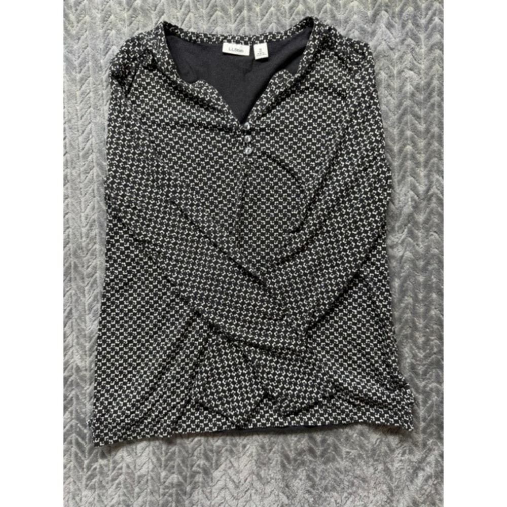 L.L.Bean Womens Black White Floral Geometric Henley Long Sleeve Top Medium 0438